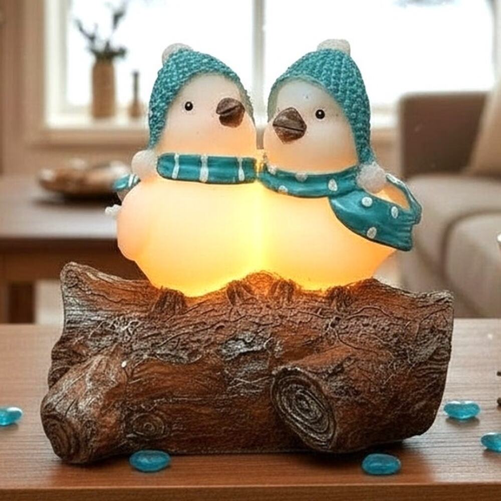 Christmas Bird Flameless Candle Snowbirds Log Winter Holiday Decor Timer Vintage